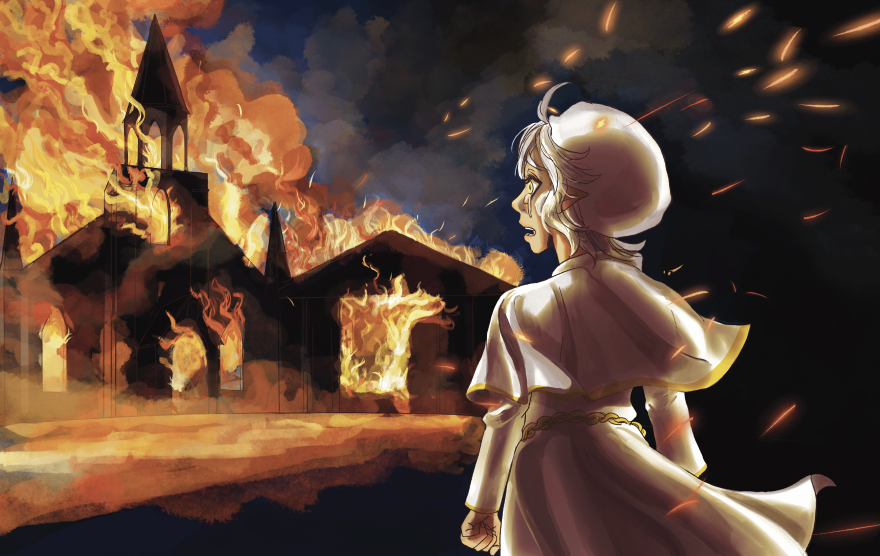 A priest in white clothing seeing a church burn down