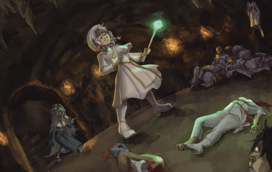 A priest staring at a group of dead people