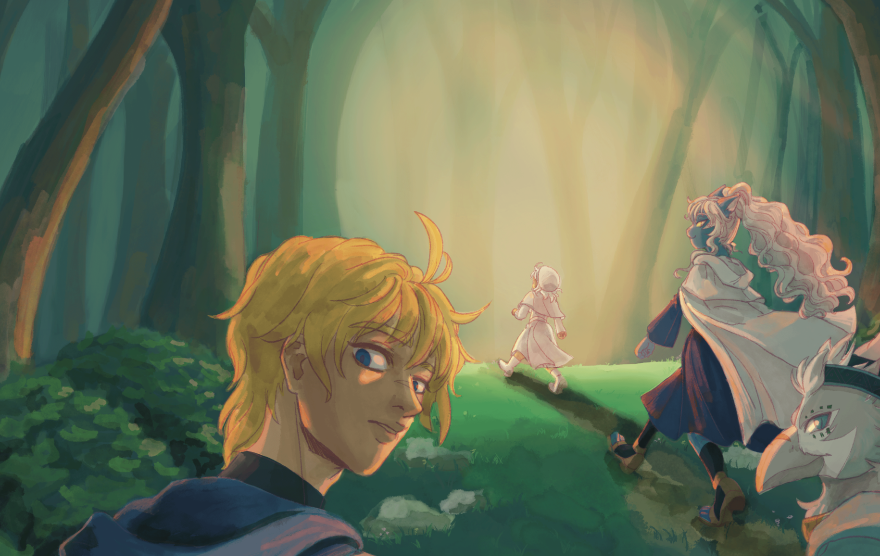 A group of adventurers walking through the woods