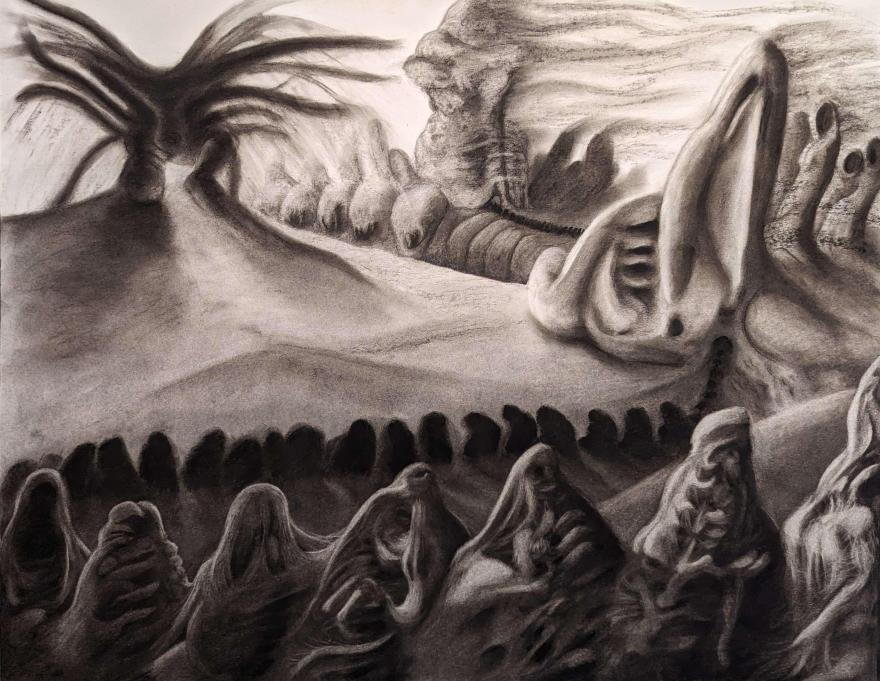 Figures bowing to a dark creature