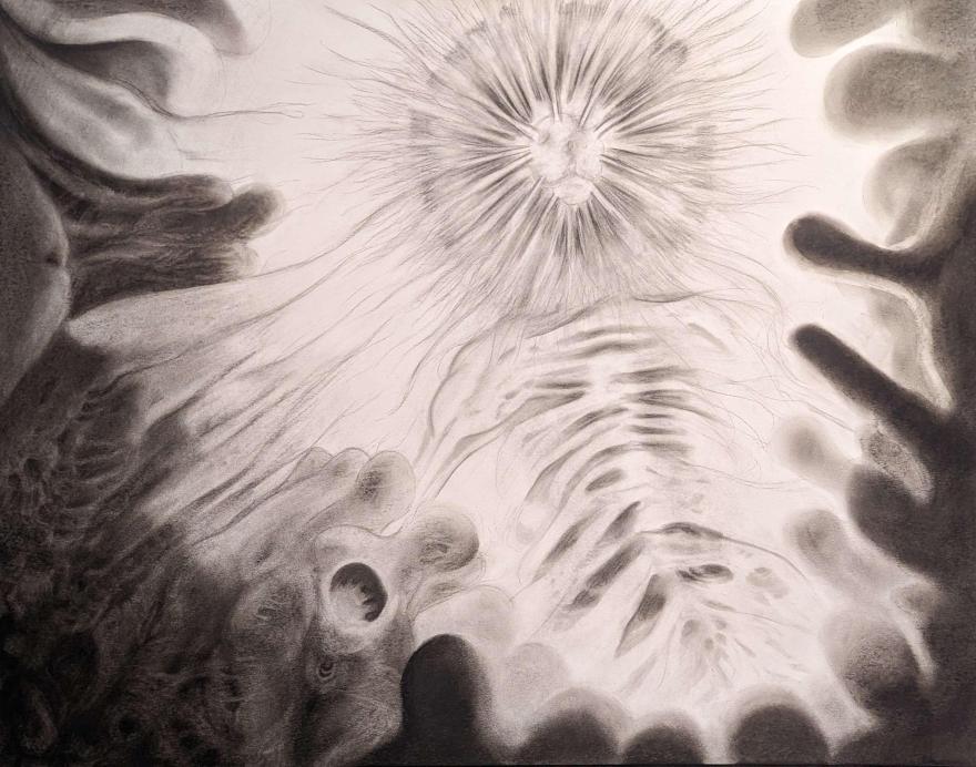 Creatures reaching towards a blinding white light