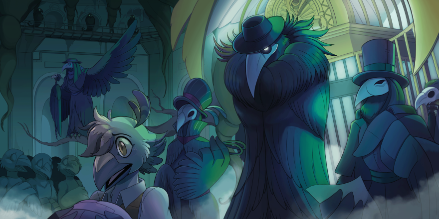 A group of plague doctor birds assembling