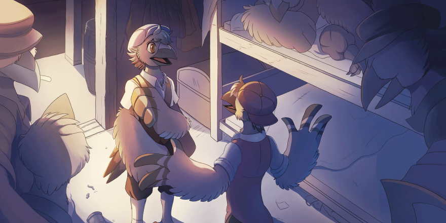 Two carrier pigeons talking in a room