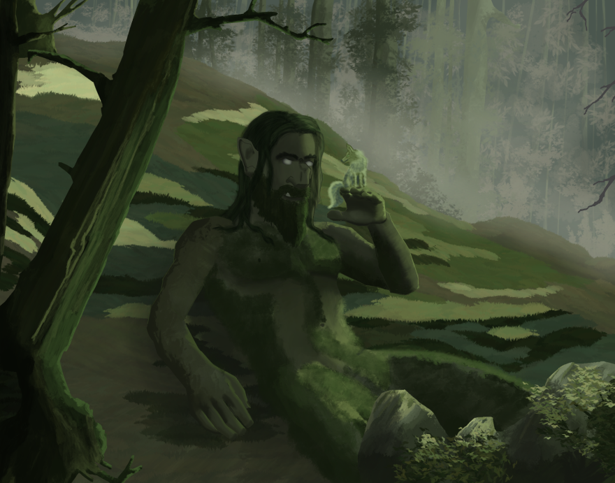 A giant man covered in moss amongst trees