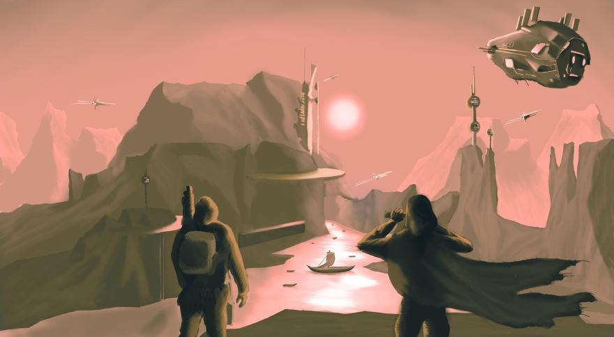 Two travelers in a sci fi setting looking at a pink river