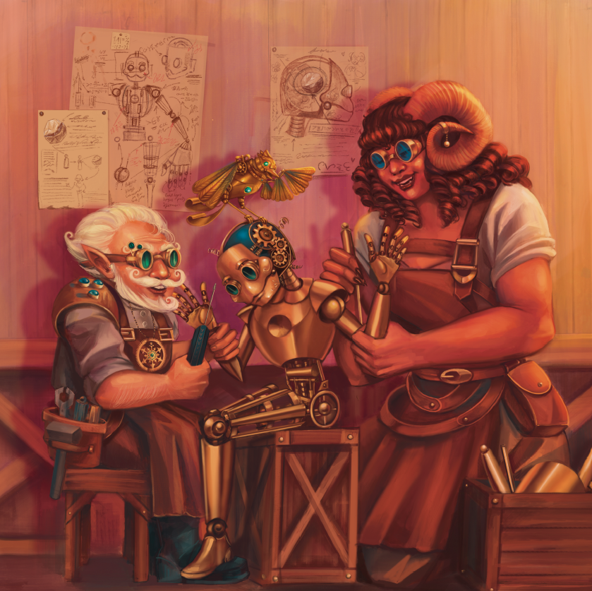 A woman with horns and a gnome create a golden robot