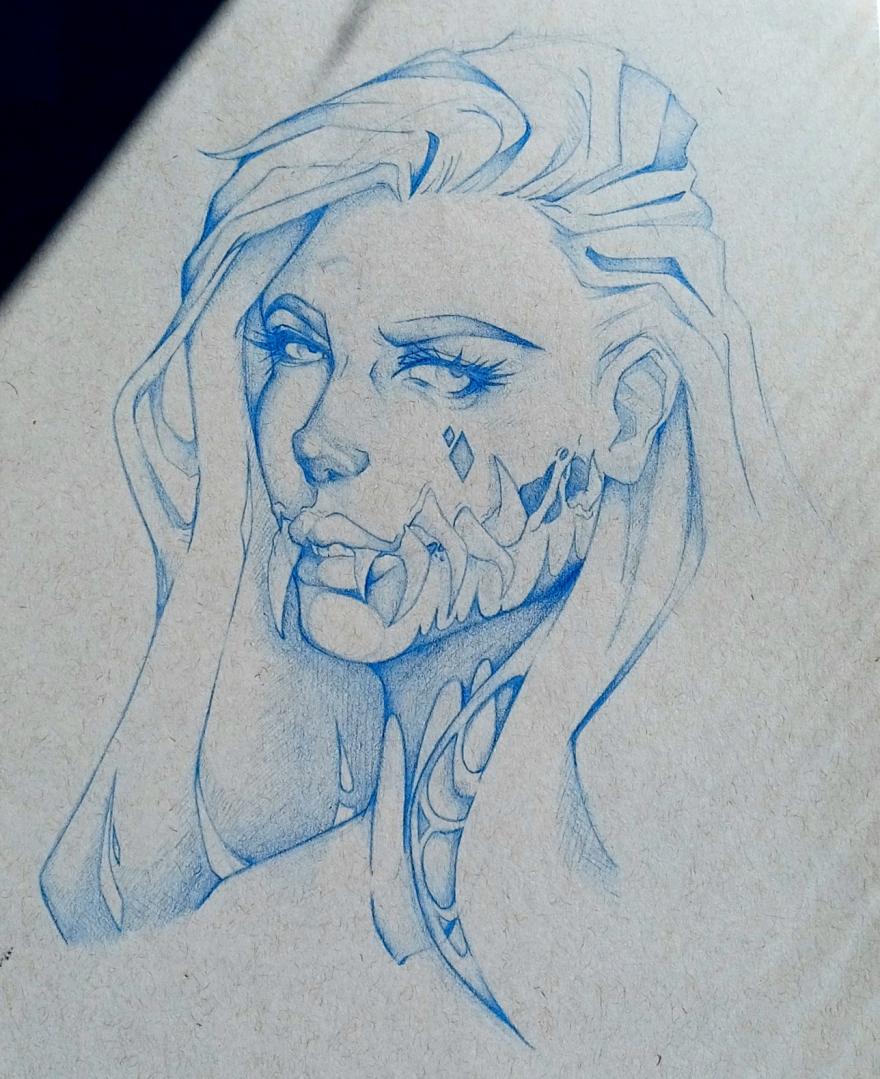 a drawing in blue pencil of a siren