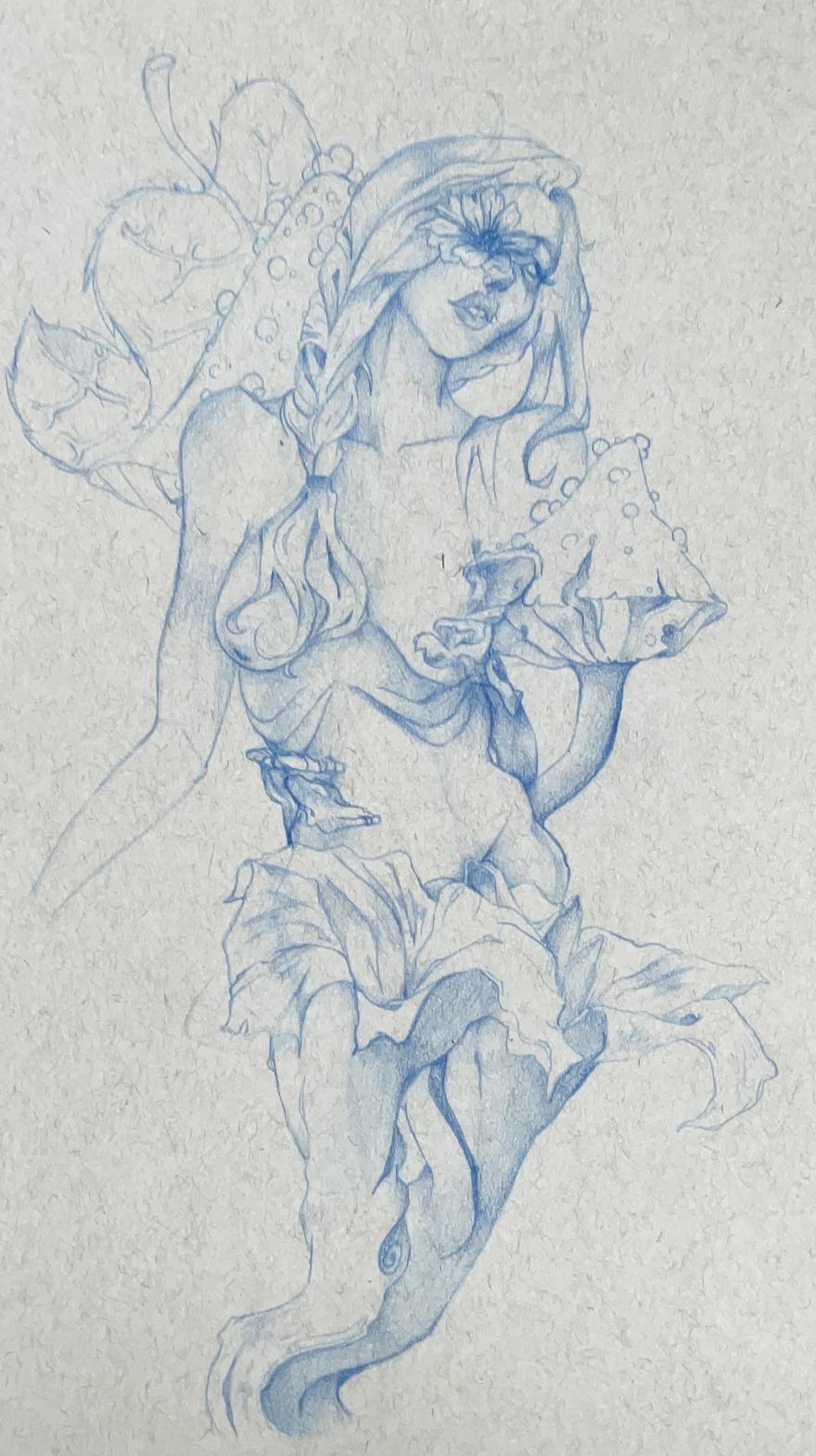 blue pencil drawing of a girl in flowers