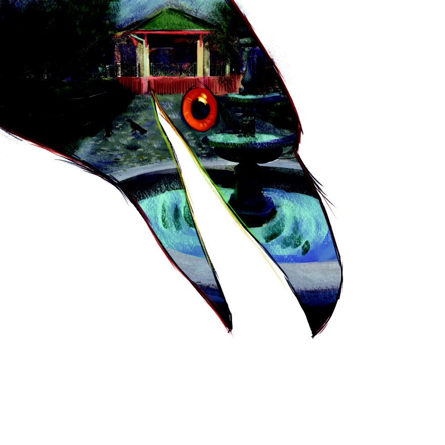 Crow head overlayed with a fountain