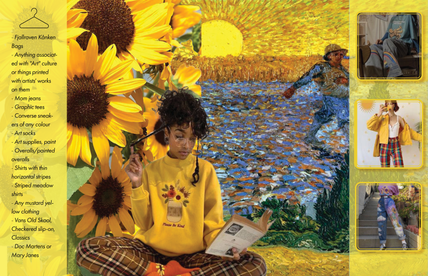 Two page spread with sunflowers and fashion