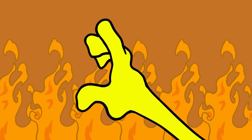 a yellow hand reaching out through fire