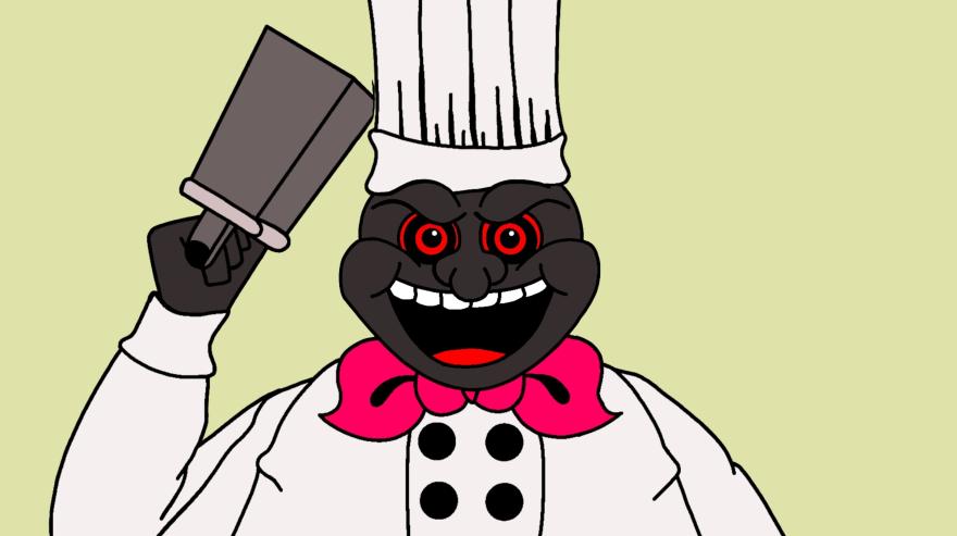 A angry chef brandishes a cheese grater