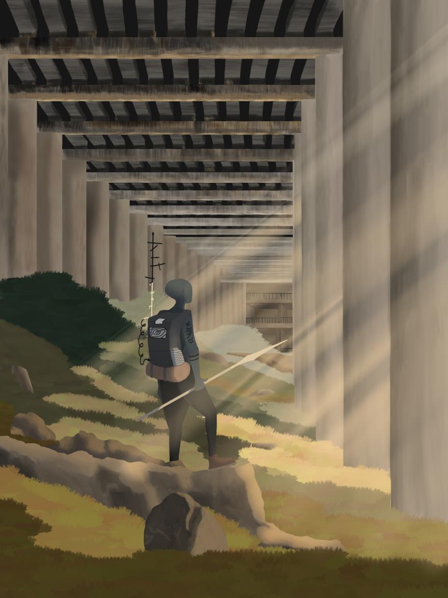 An alien traveler underneath a bridge