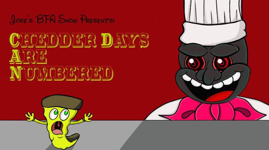 a chef looks at a piece of cheese that looks scared