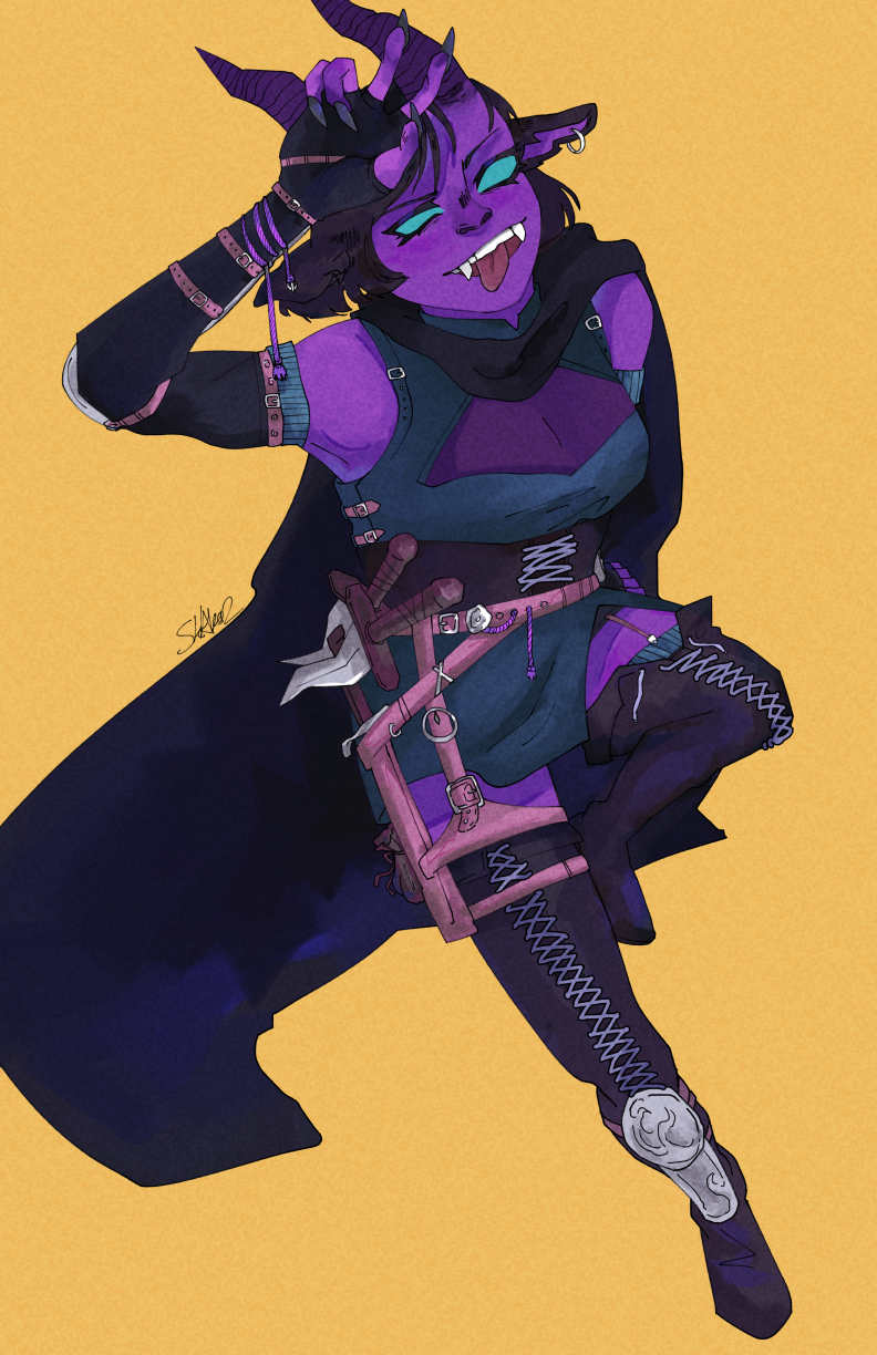 A girl with purple skin poses at the camera