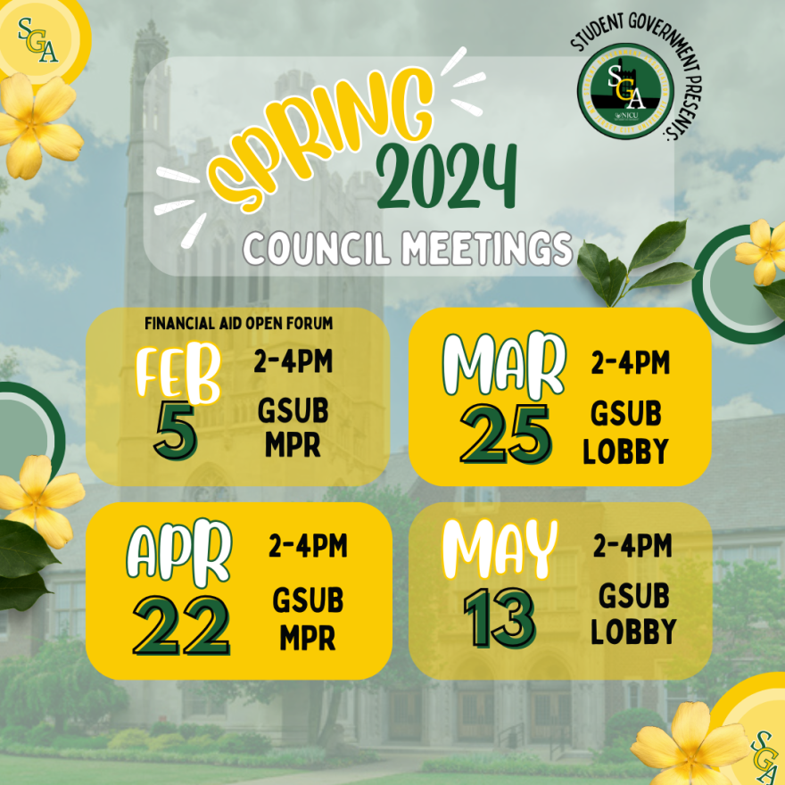 This image shows a list of dates, times, and locations of the spring 2024 council meetings