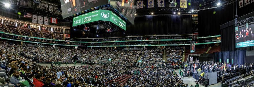 A Panorama scene of the Prudential Center during the 2025 Commencement.