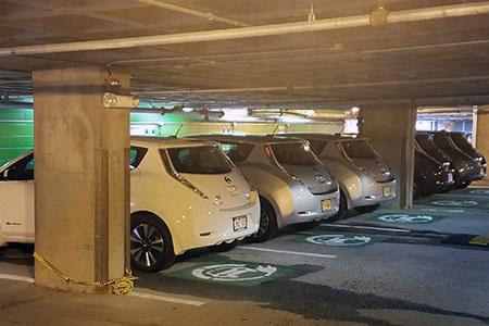 Line of Electric Cars - plugged into NJCU Electrical Outlets