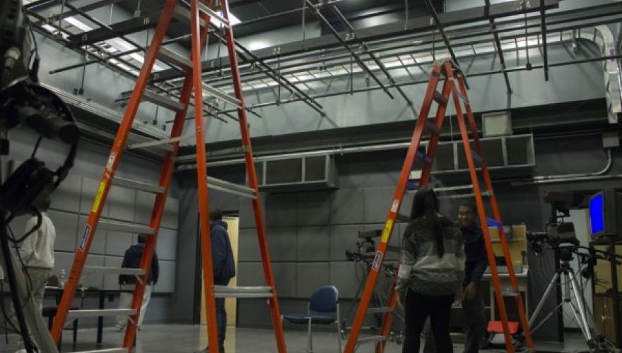 Television Studio ladders set up to adjust lights