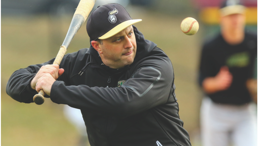 Member of NJCU baseball team about to swing.
