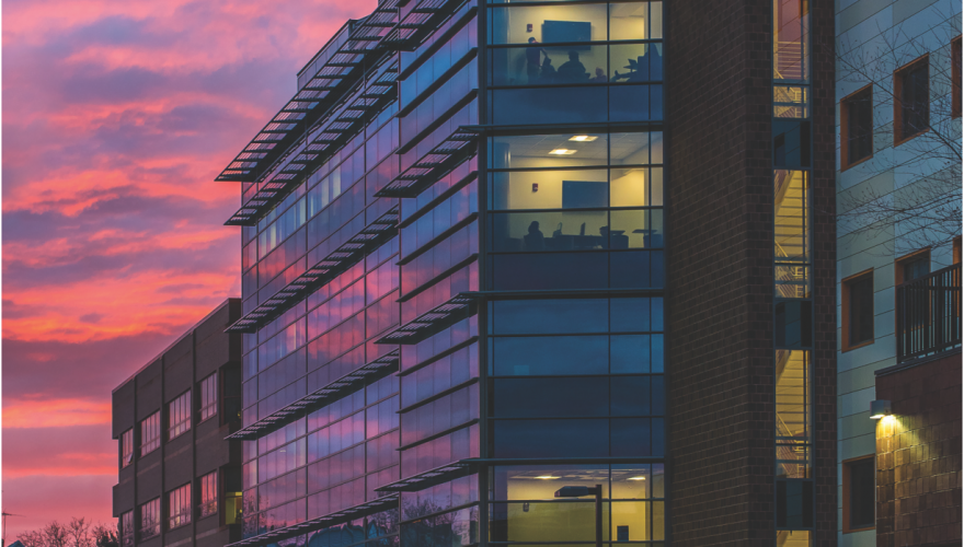Exterior of the Science Building at sunset.