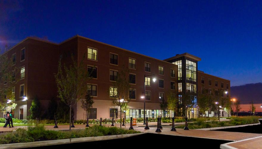 dorm building at night