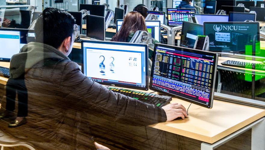 student in business lab