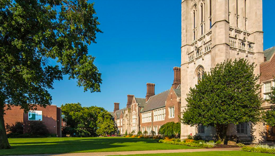 NJCU Campus depicting Hepburn hall tower and GRossnickle during daytime
