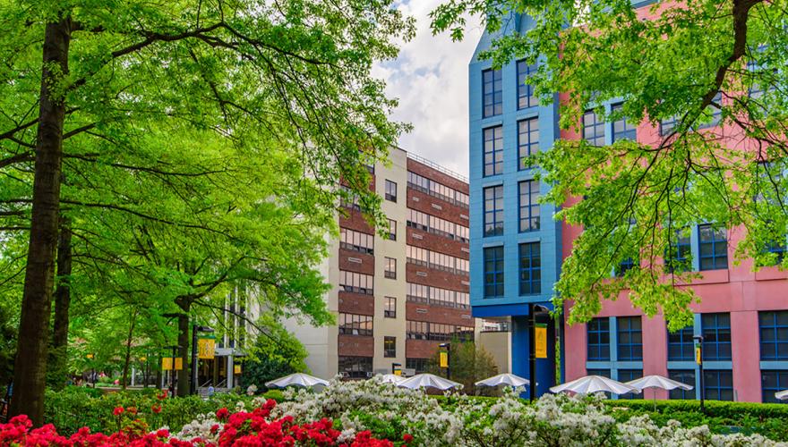 Campus and Karnoutsos Hall in Spring