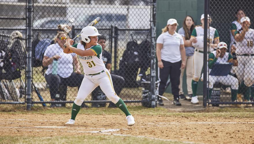 SOFTBALL PLAYER IN POSITION WITH BAT