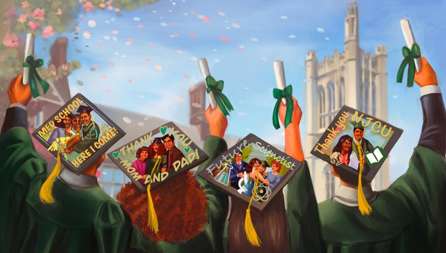 Illustration of four students with decorated grad caps, holding diplomas up in the air