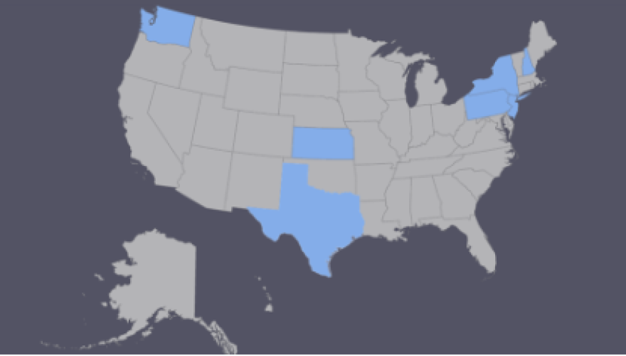 Map of United states highlighting Kansas, New Hampshire, New York, Pennsylvania, Texas, Washington, and New Jersey