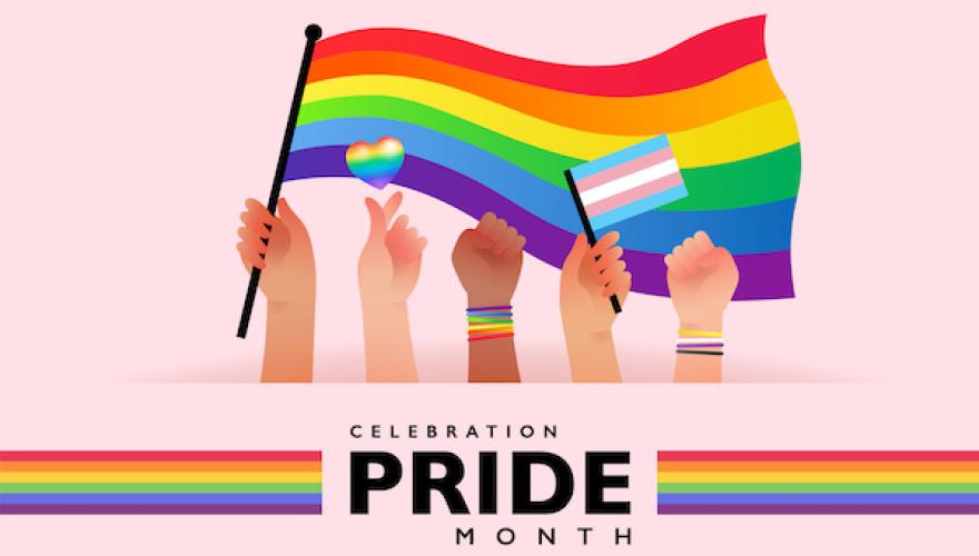 PRIDE MONTH BANNER WITH FLAG AND HANDS