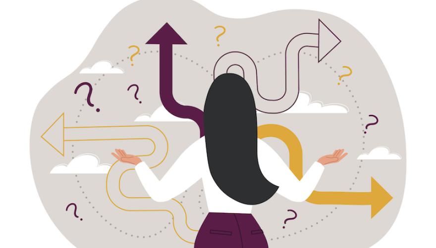 back of woman facing directional arrows