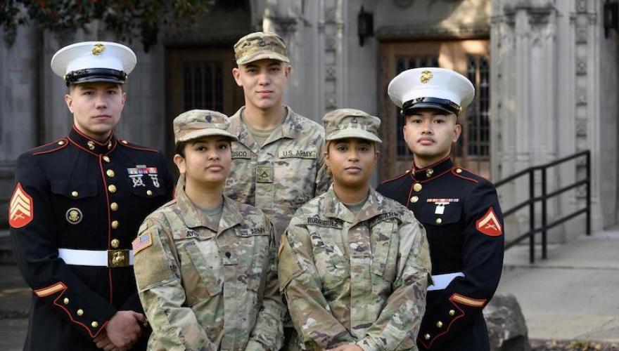 MILIRATY STUDENT POSE AT HEPBURN HALL