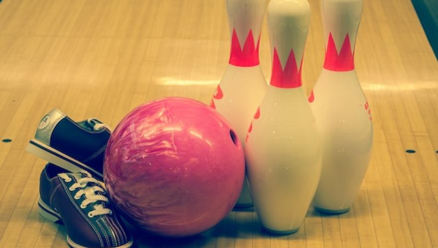BOWLING SHOES, BALL, PINS