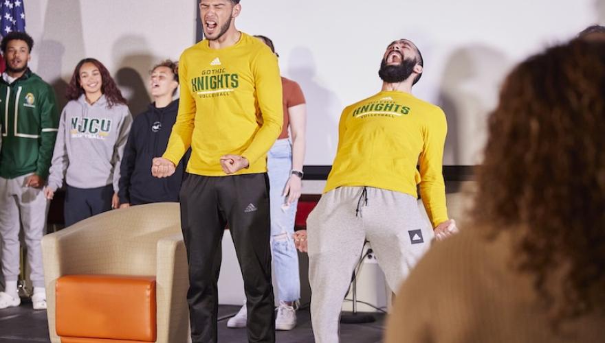 students pose yelling -larger photo