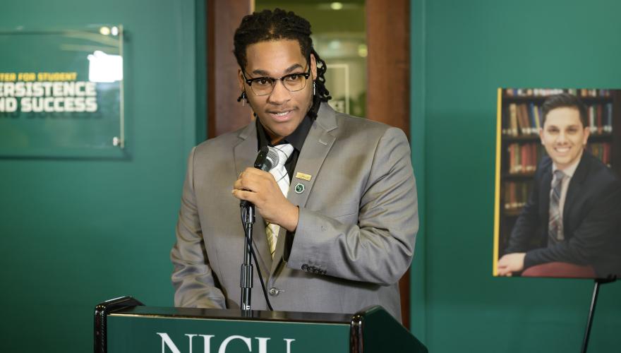 SGA President Shahod Augustin speaks at the ceremony