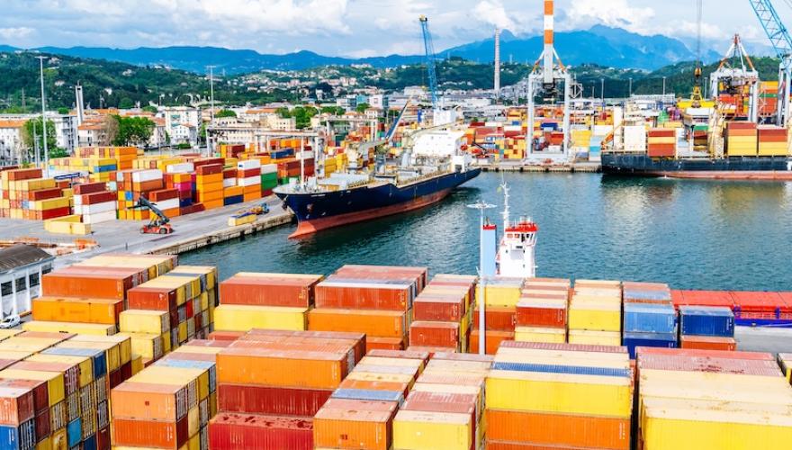 Wide View of Container Port with Docked Ships and Stacked Containers