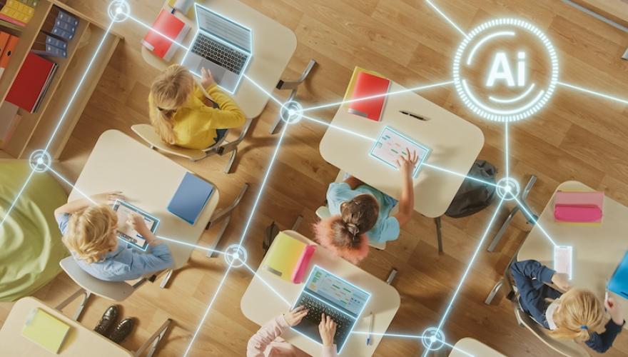 top down view of desks, AI overlay graphic