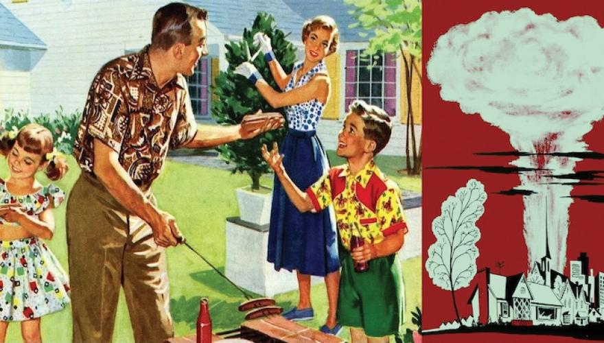 illustration of retro family and bomb cloud