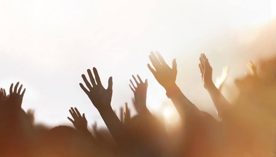 hands up in group, shadows, light