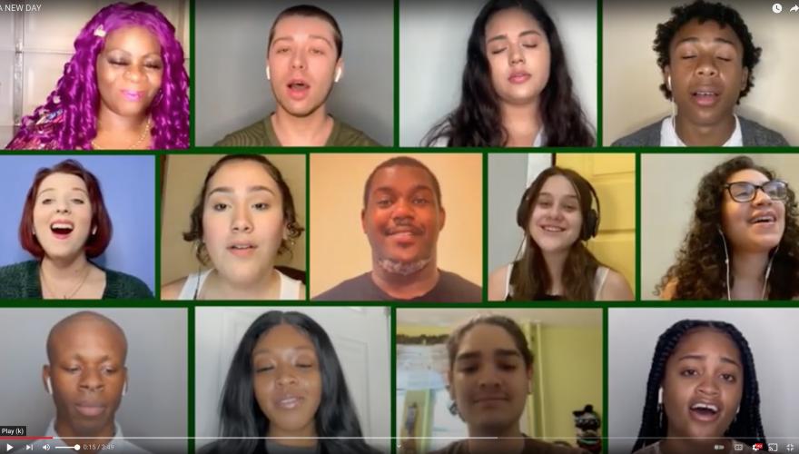 Screenshot featuring the faces of NJCU's Music, Dance, and Theatre Troupe Singing "A New Day" in a Video
