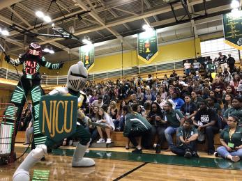NJCU athletic rally with the Gothic Knights mascot