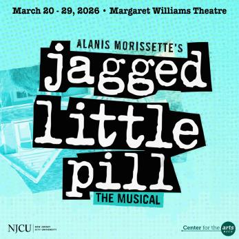 light blue background with an upside house covered by the words 'Alanis Morissette's Jagged Little Pill'